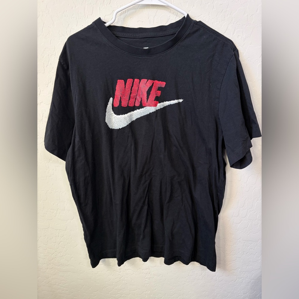 Nike Black Short-Sleeve Tee with Red Logo and White Swoosh